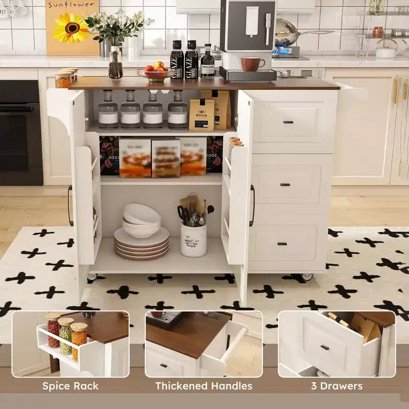 Îlot de cuisine roulant avec plateau rabattable, 3 tiroirs, 4 étagères à porte et porte-épices