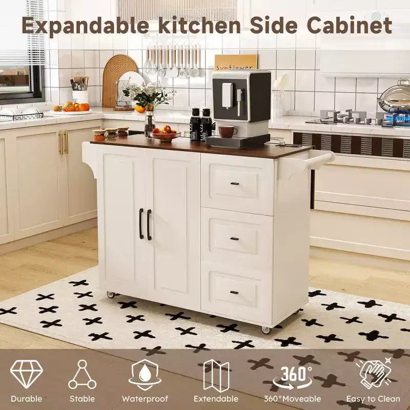 Îlot de cuisine roulant avec plateau rabattable, 3 tiroirs, 4 étagères à porte et porte-épices