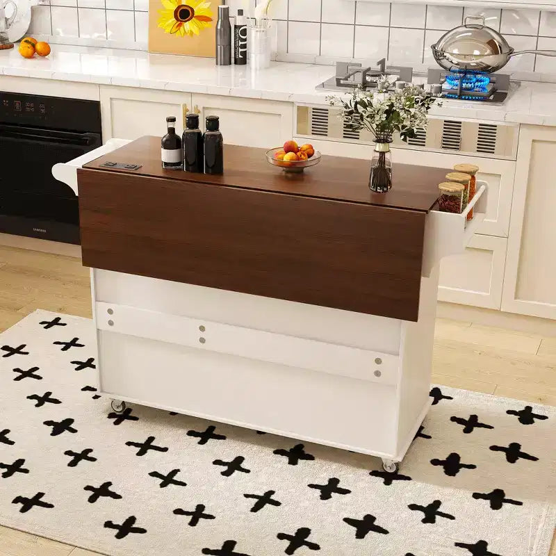 Îlot de cuisine roulant avec plateau rabattable, 3 tiroirs, 4 étagères à porte et porte-épices