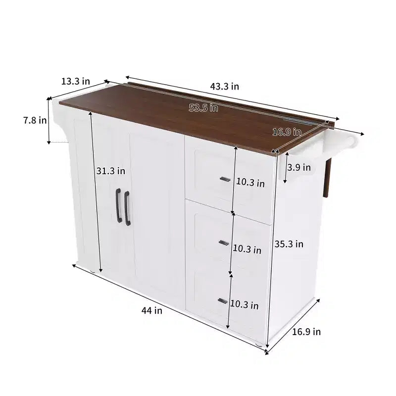 Îlot de cuisine roulant avec plateau rabattable, 3 tiroirs, 4 étagères à porte et porte-épices