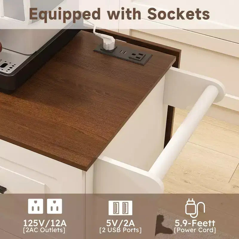 Îlot de cuisine roulant avec plateau rabattable, 3 tiroirs, 4 étagères à porte et porte-épices