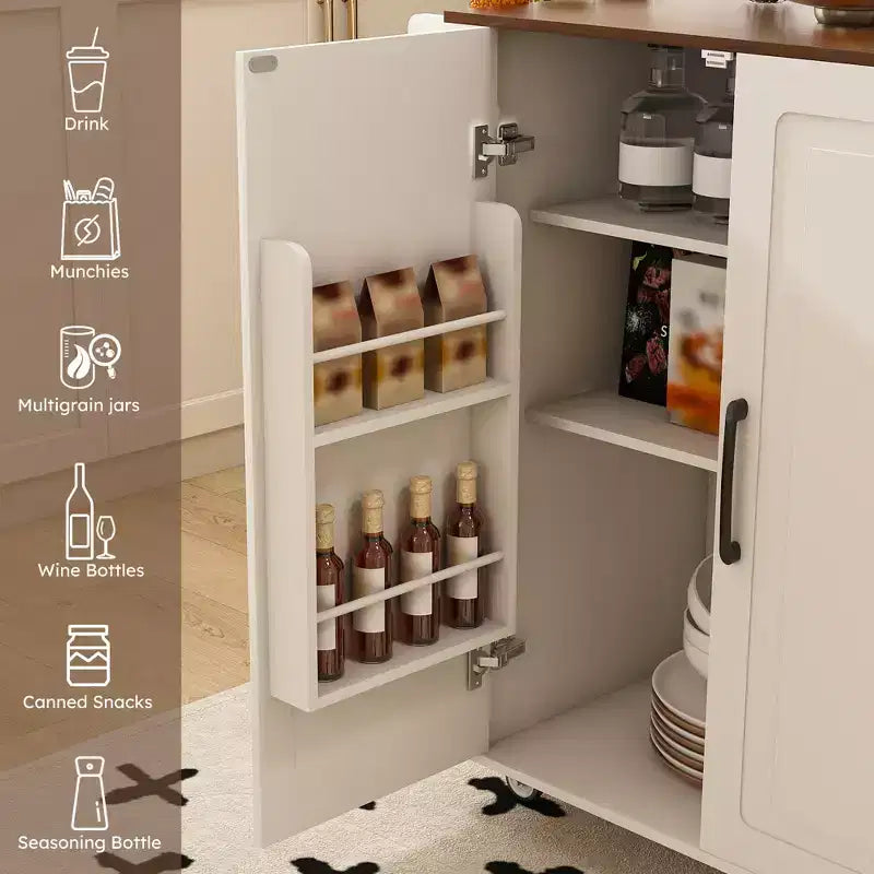 Îlot de cuisine roulant avec plateau rabattable, 3 tiroirs, 4 étagères à porte et porte-épices