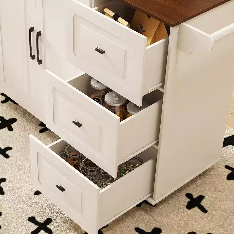 Îlot de cuisine roulant avec plateau rabattable, 3 tiroirs, 4 étagères à porte et porte-épices