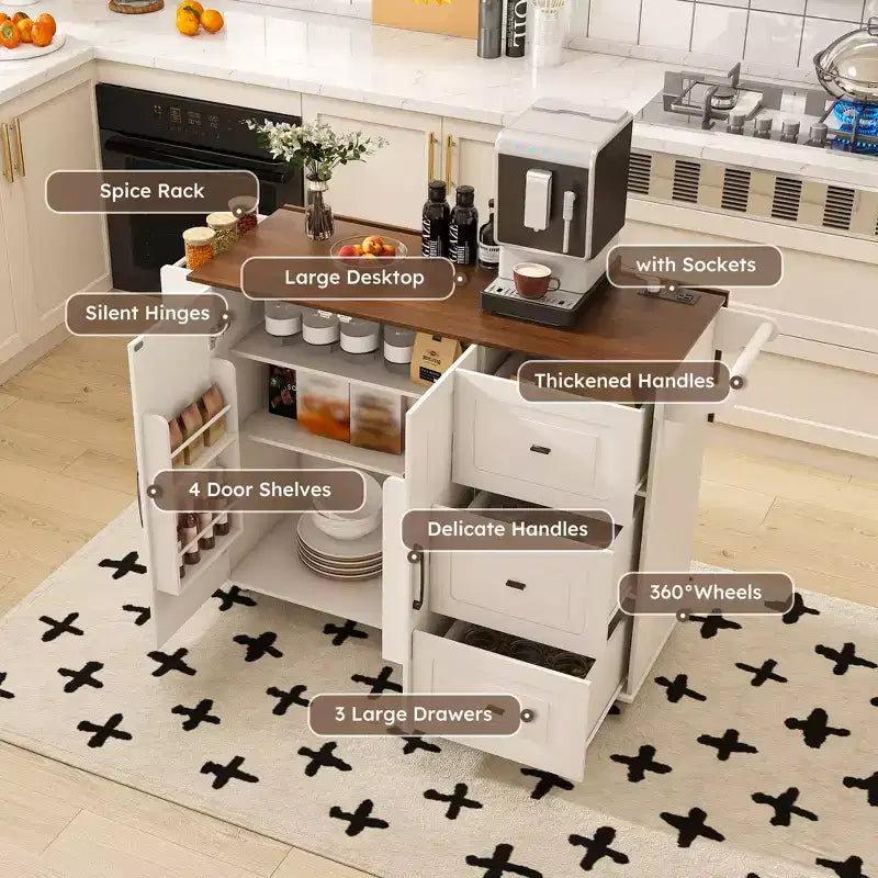 Îlot de cuisine roulant avec plateau rabattable, 3 tiroirs, 4 étagères à porte et porte-épices