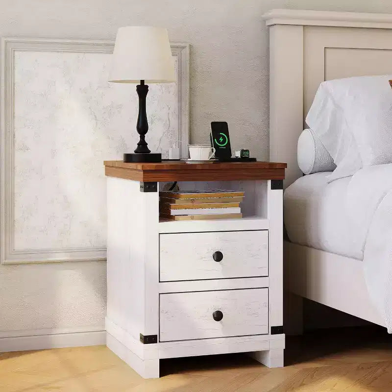 Farmhouse White Bedside Table, Modern Country Style, with 2 Drawers, Open Shelves, USB Port and Air Conditioner Socket, Suitable for Bedroom, White