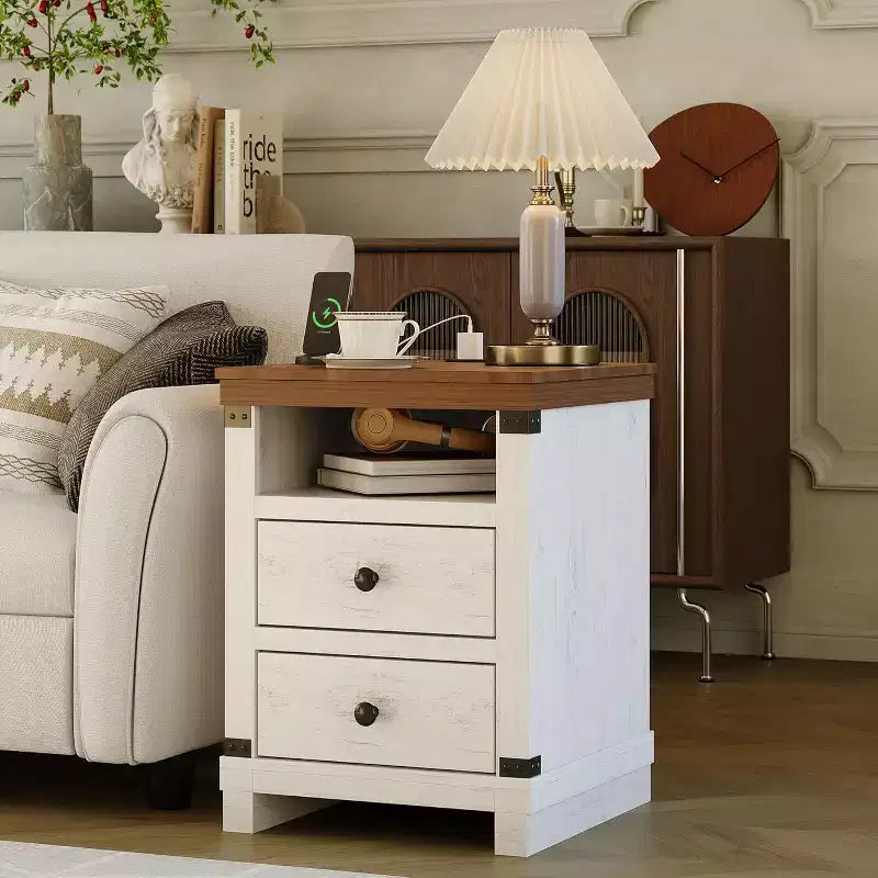 Table de Chevet Blanche de Ferme, Style Campagne Moderne, avec 2 Tiroirs