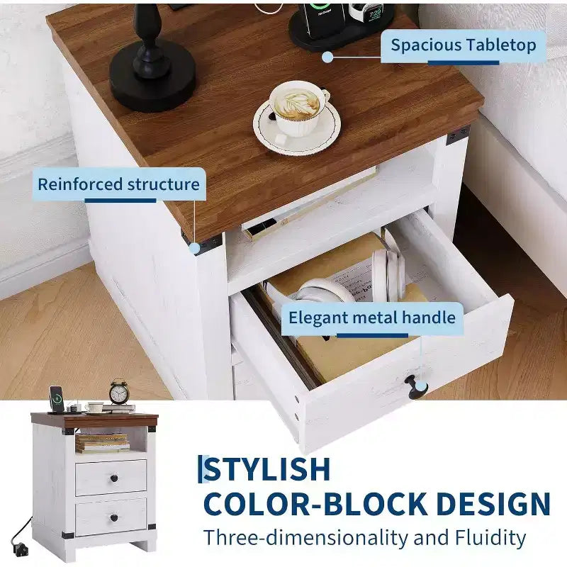 Table de Chevet Blanche de Ferme, Style Campagne Moderne, avec 2 Tiroirs