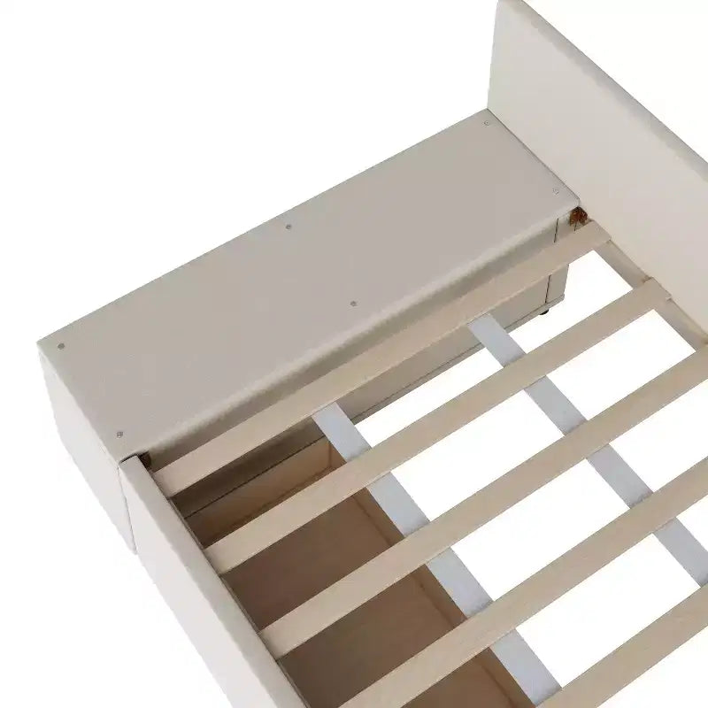 Lit plateforme capitonné en forme de L, taille jumeau, avec rangement et 2 tiroirs