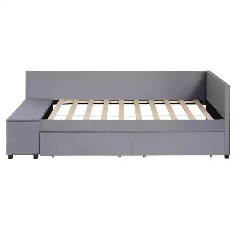 Lit plateforme capitonné en forme de L, taille jumeau, avec rangement et 2 tiroirs