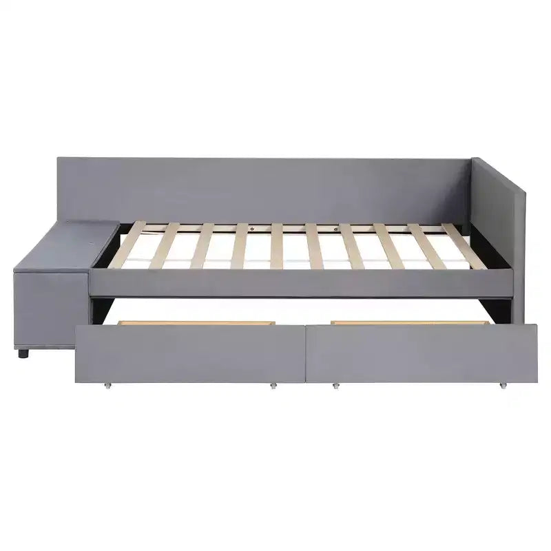 Lit plateforme capitonné en forme de L, taille jumeau, avec rangement et 2 tiroirs
