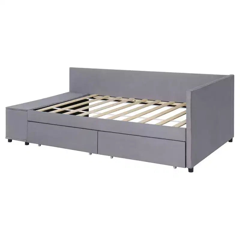 Lit plateforme capitonné en forme de L, taille jumeau, avec rangement et 2 tiroirs