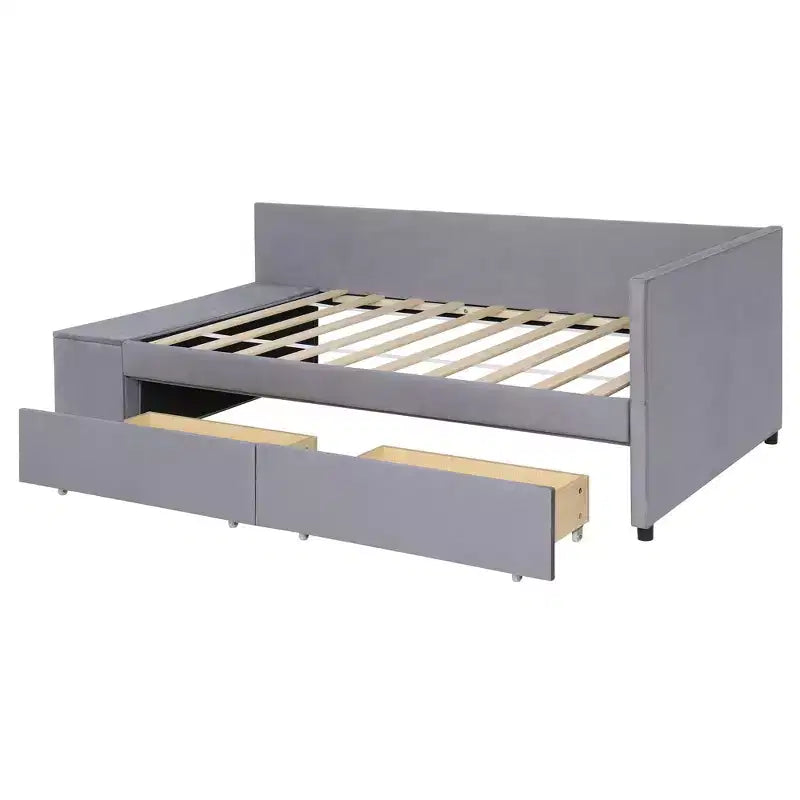 Lit plateforme capitonné en forme de L, taille jumeau, avec rangement et 2 tiroirs