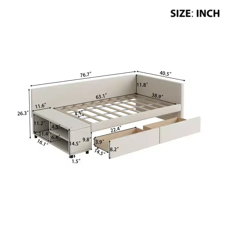 Lit plateforme capitonné en forme de L, taille jumeau, avec rangement et 2 tiroirs