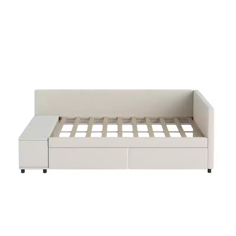Lit plateforme capitonné en forme de L, taille jumeau, avec rangement et 2 tiroirs