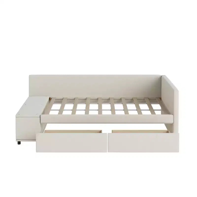 Lit plateforme capitonné en forme de L, taille jumeau, avec rangement et 2 tiroirs