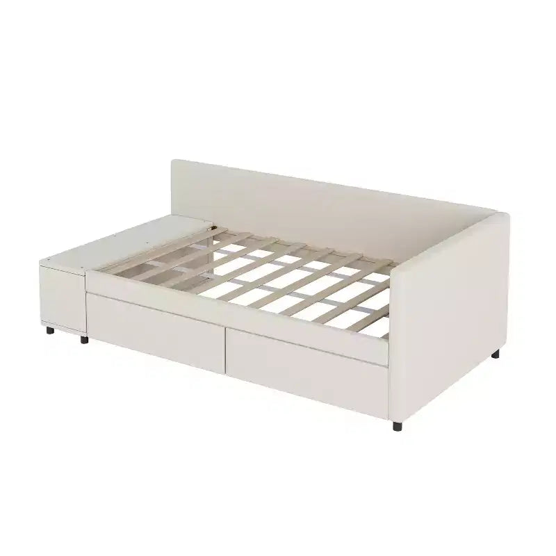 Lit plateforme capitonné en forme de L, taille jumeau, avec rangement et 2 tiroirs