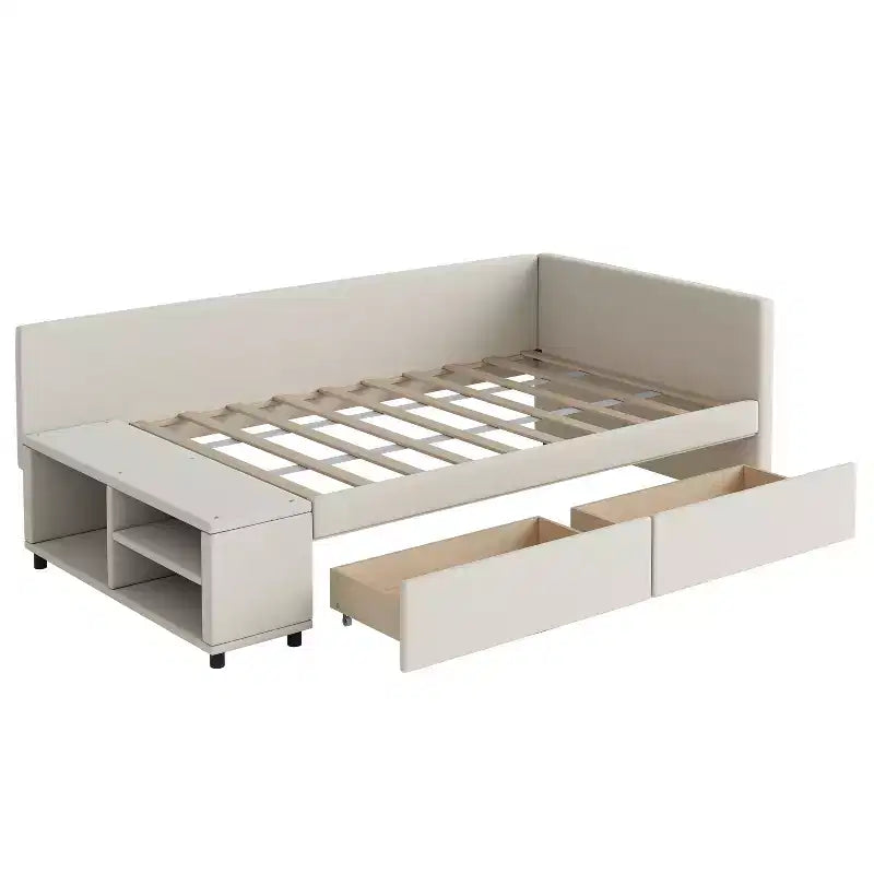 Lit plateforme capitonné en forme de L, taille jumeau, avec rangement et 2 tiroirs