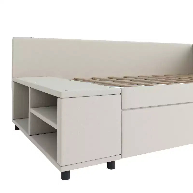 Lit plateforme capitonné en forme de L, taille jumeau, avec rangement et 2 tiroirs