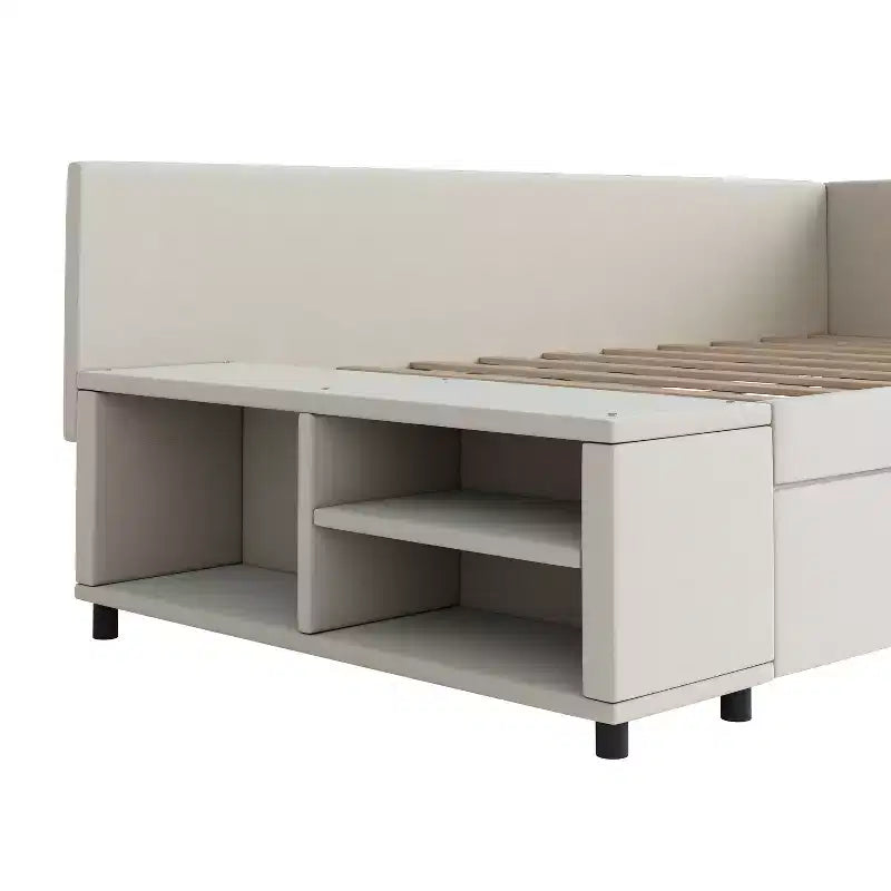 Lit plateforme capitonné en forme de L, taille jumeau, avec rangement et 2 tiroirs