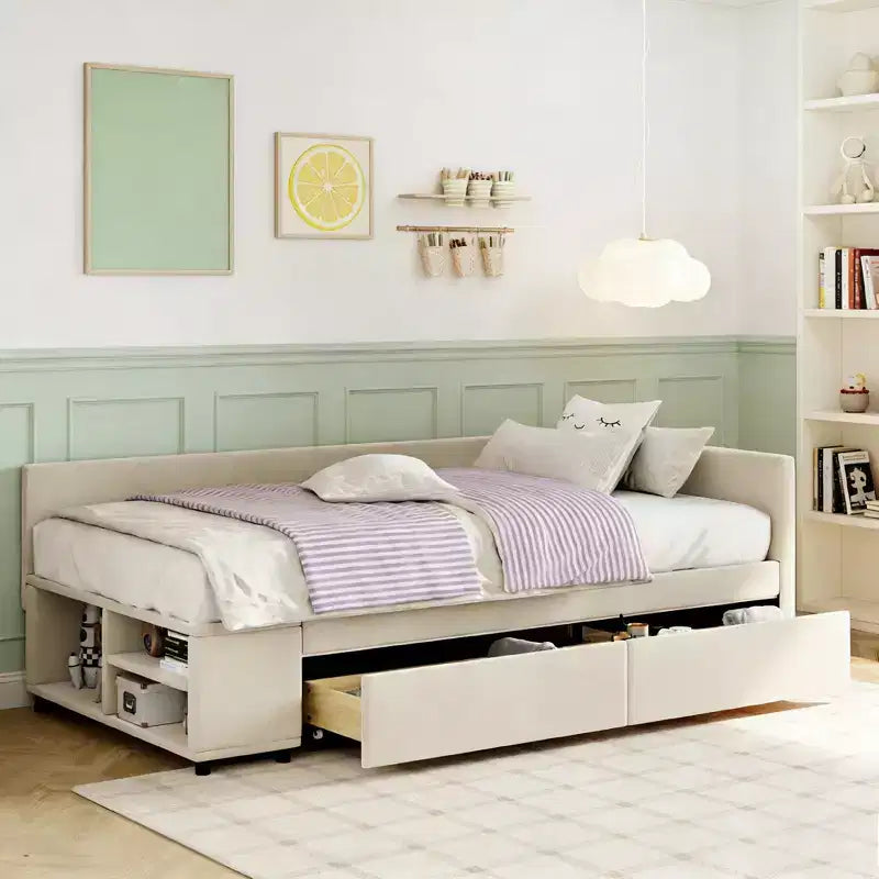 Luxystar Twin size L-Shaped Upholstered Platform Bed with Storage and 2 Drawers for Small Rooms