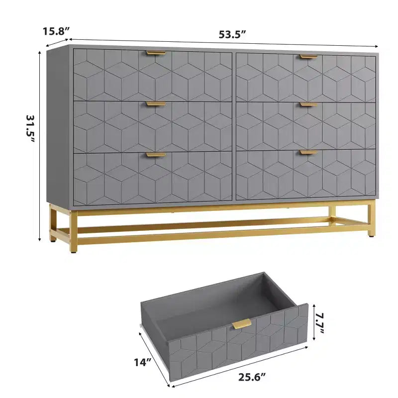 Commode à 6 tiroirs pour chambre à coucher, commode moderne avec pieds en métal
