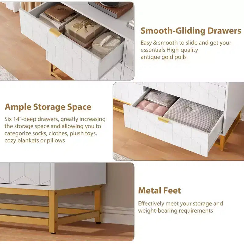 Commode à 6 tiroirs pour chambre à coucher, commode moderne avec pieds en métal