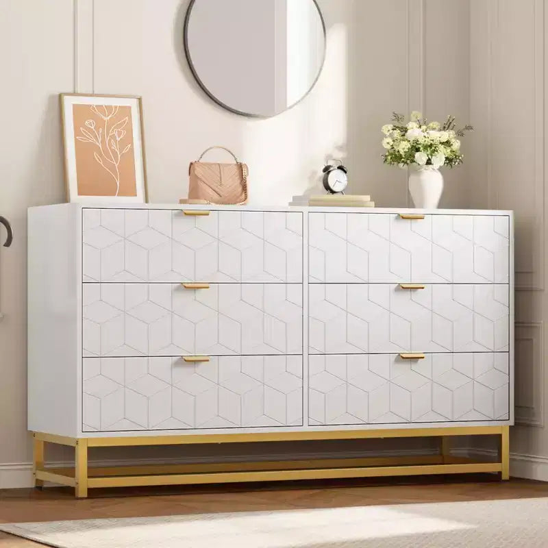 Commode à 6 tiroirs pour chambre à coucher, commode moderne avec pieds en métal