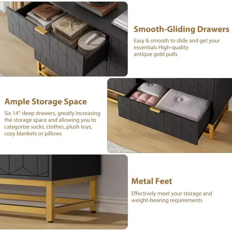 Commode à 6 tiroirs pour chambre à coucher, commode moderne avec pieds en métal