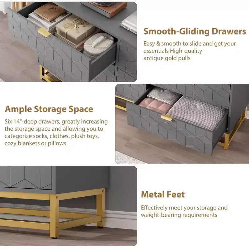 Commode à 6 tiroirs pour chambre à coucher, commode moderne avec pieds en métal