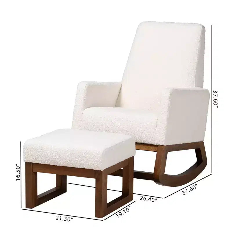 Fauteuil à bascule et ottoman en bouclette et bois, écru/noyer