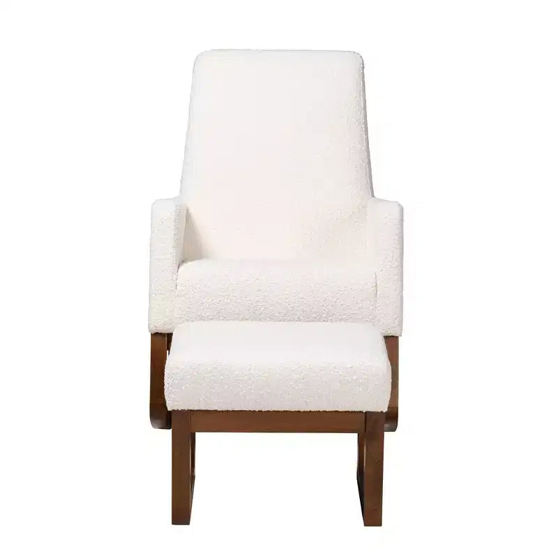 Fauteuil à bascule et ottoman en bouclette et bois, écru/noyer