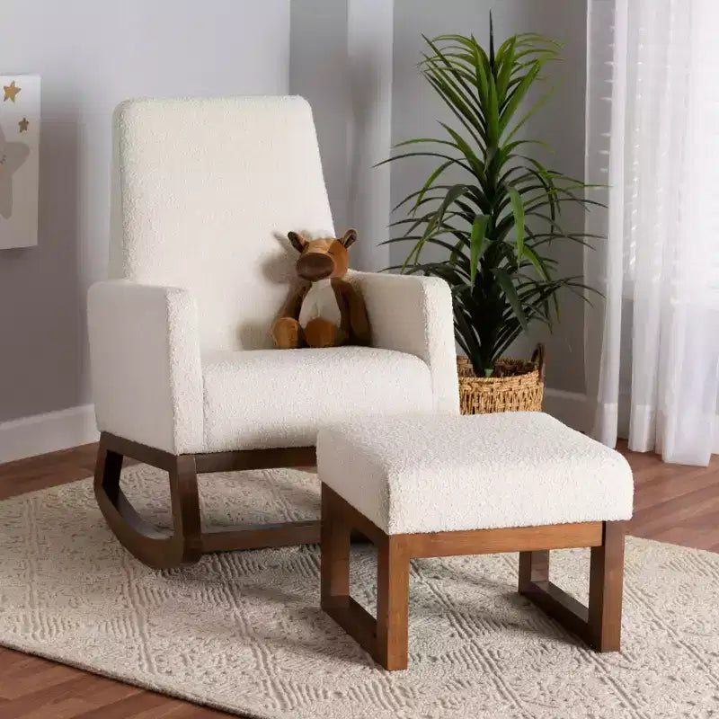 Fauteuil à bascule et ottoman en bouclette et bois, écru/noyer
