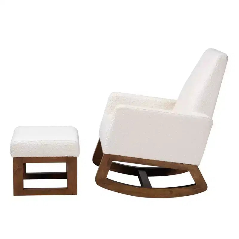 Fauteuil à bascule et ottoman en bouclette et bois, écru/noyer