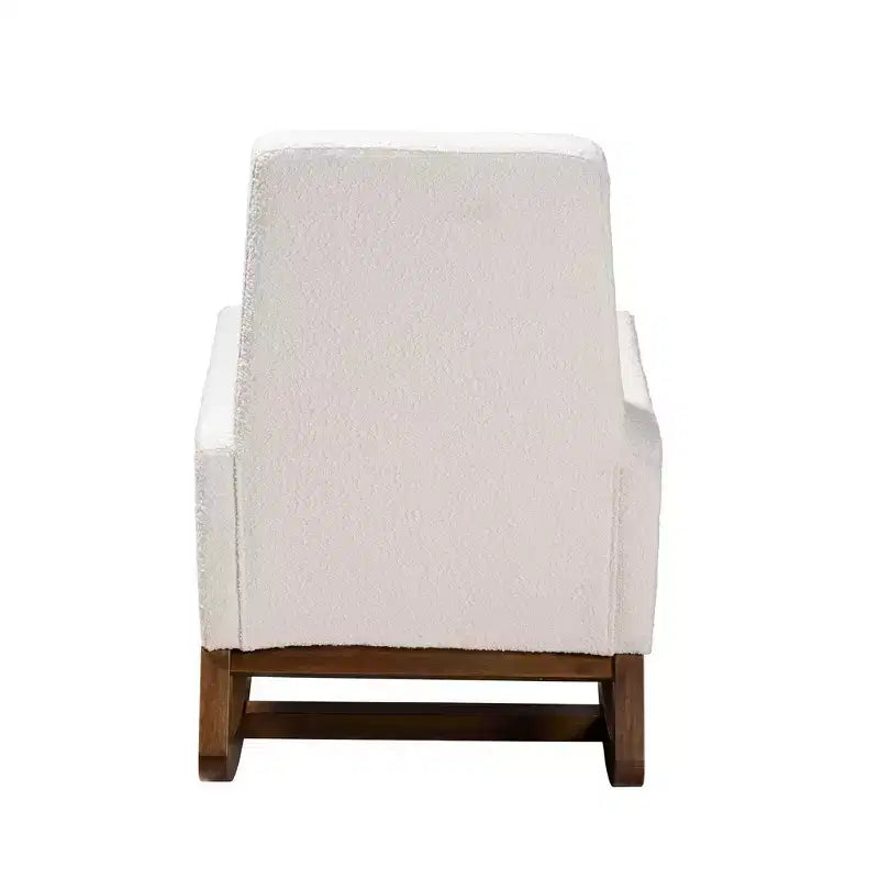 Fauteuil à bascule et ottoman en bouclette et bois, écru/noyer