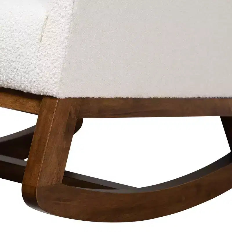 Fauteuil à bascule et ottoman en bouclette et bois, écru/noyer