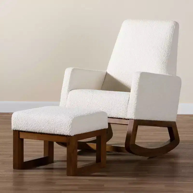 Fauteuil à bascule et ottoman en bouclette et bois, écru/noyer